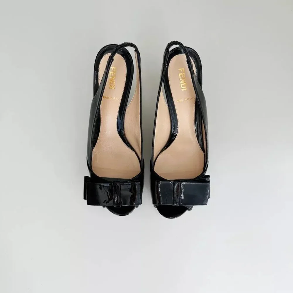 FENDI Women's Black Patent Leather Bow Platform Slingback Pumps Size 36.5 US 6.5